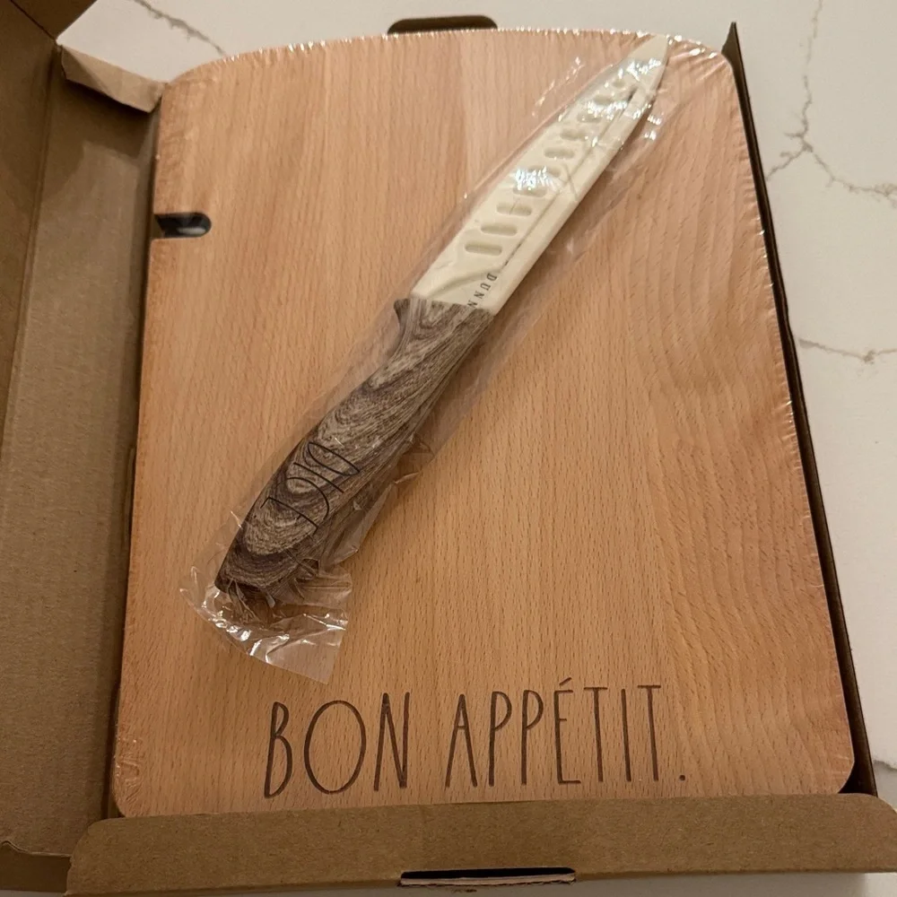 Rae Dunn Bon Appétit Wood Cutting Board with Knife - Natural and Cream